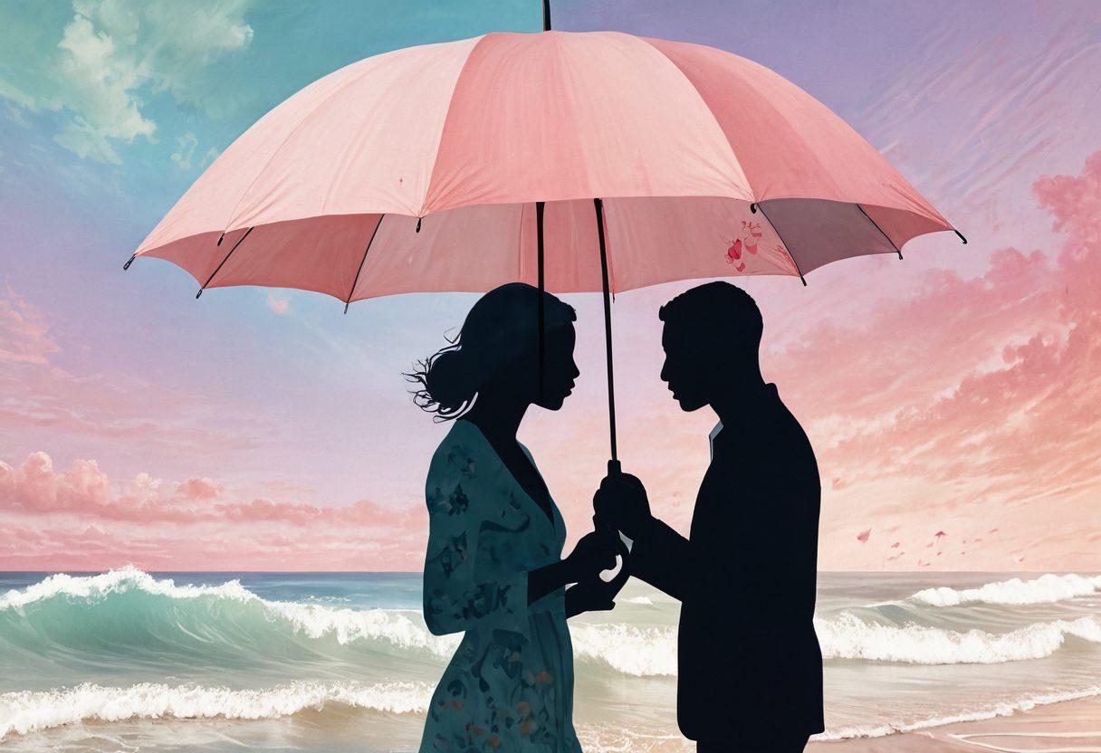 A surreal blending of a heart symbol and an umbrella, representing protection and love. The background features soft pastel colors with gentle waves symbolizing emotional well-being. Integrate shadowy silhouettes of diverse couples in harmonious poses to depict inclusivity in relationships and sexual wellness. Add delicate floral motifs to enhance the theme of growth and positivity. vibrant colors. super-realistic.